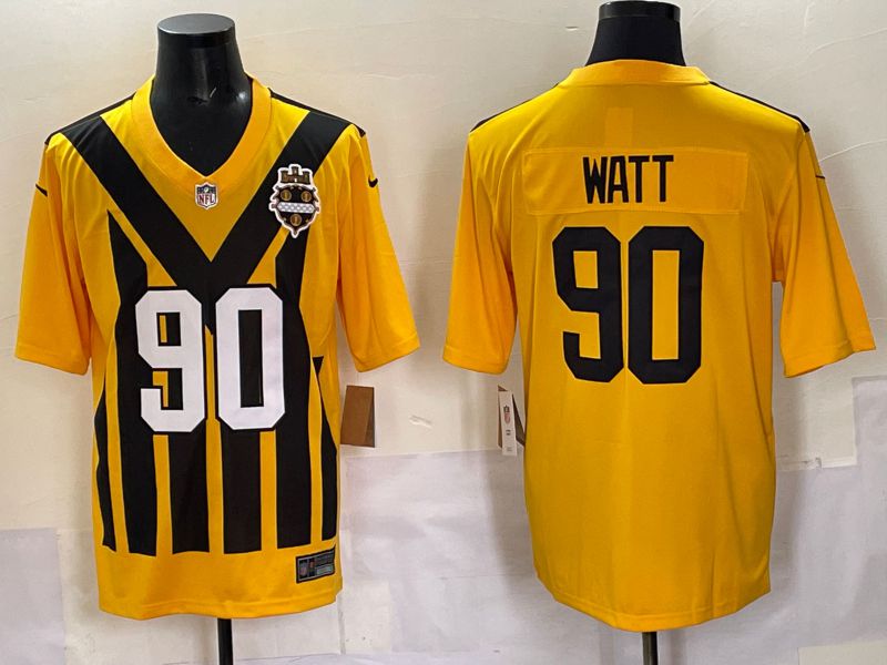 Men 2025 Pittsburgh Steelers 90 Watt Yellow Retro Nike Limited NFL Jersey style 01